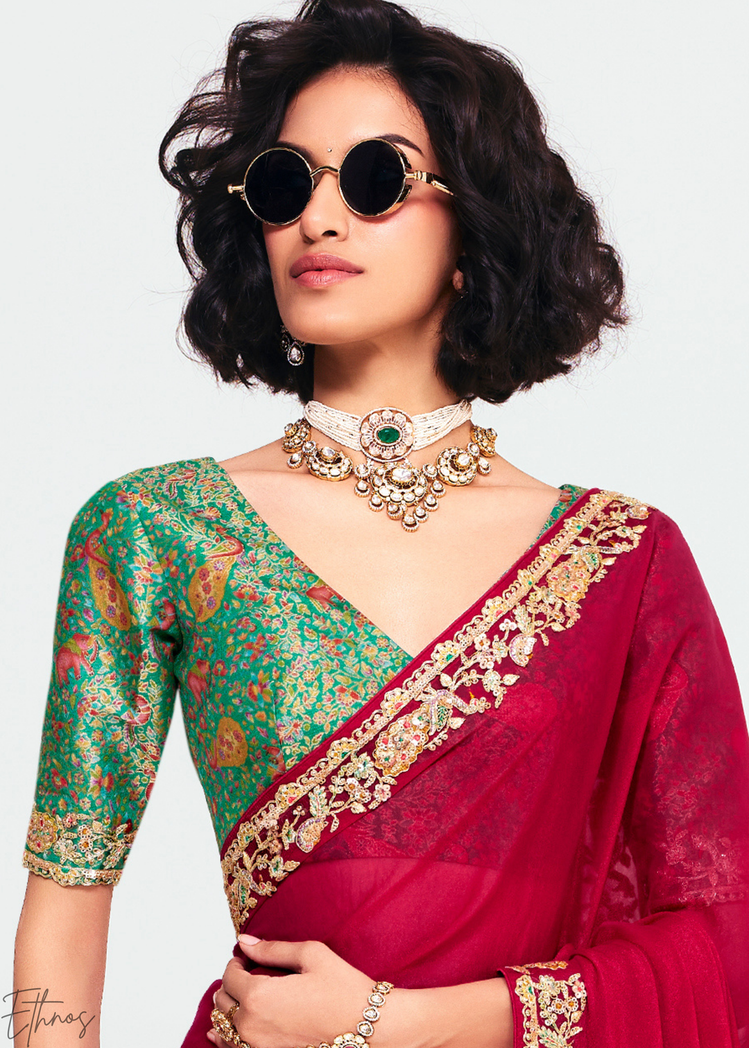 Ruby Red Embroidered Tissue Saree