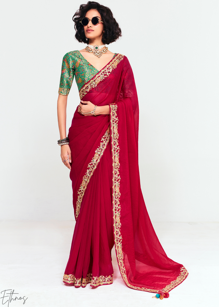 Ruby Red Embroidered Tissue Saree