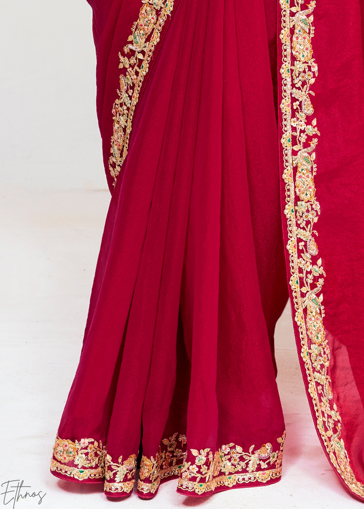 Ruby Red Embroidered Tissue Saree