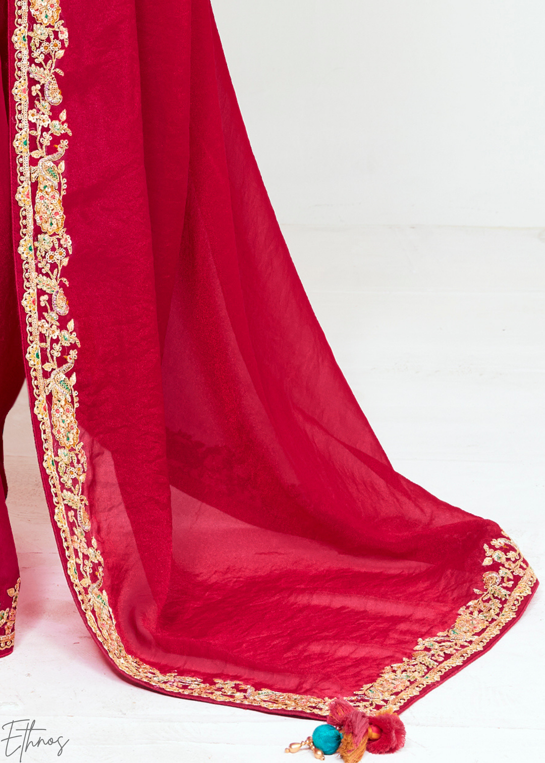 Ruby Red Embroidered Tissue Saree