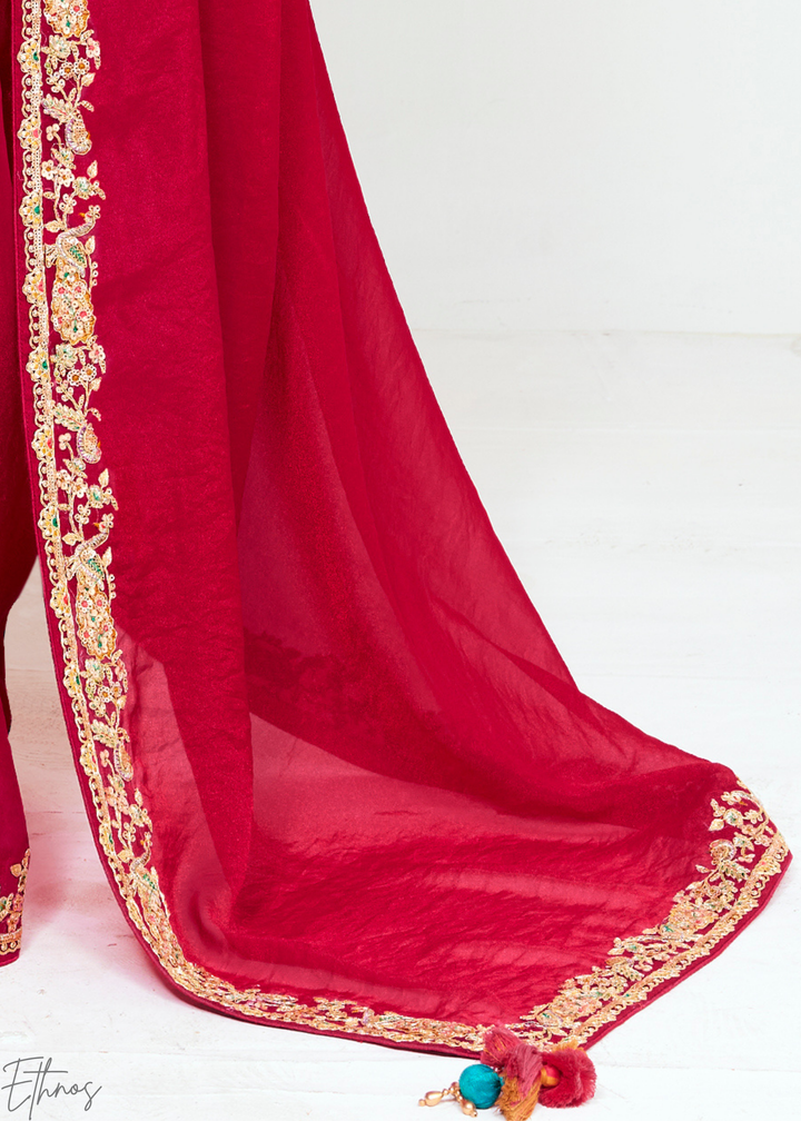 Ruby Red Embroidered Tissue Saree