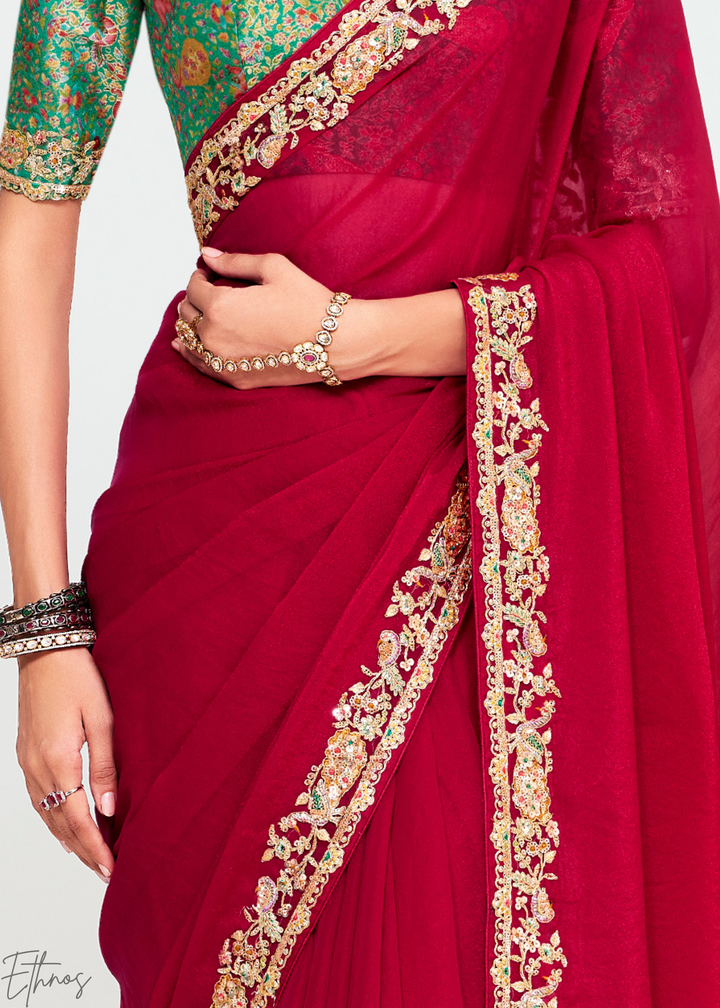 Ruby Red Embroidered Tissue Saree