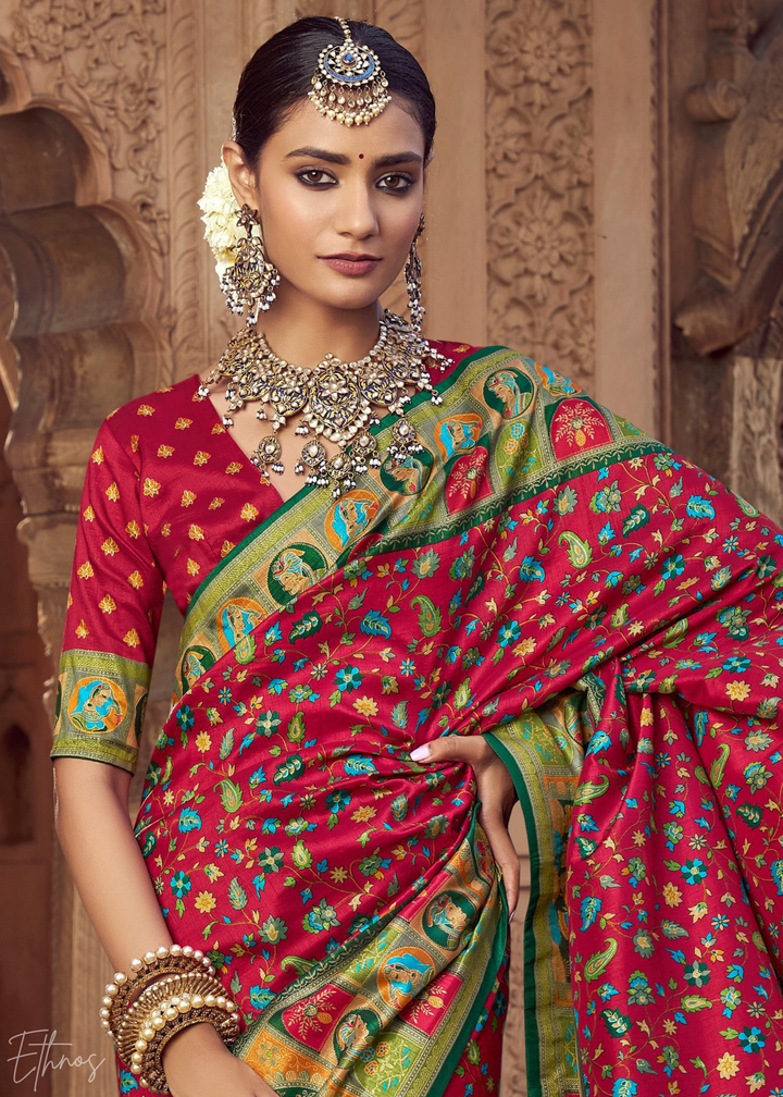 Ruby Red Floral Silk Saree