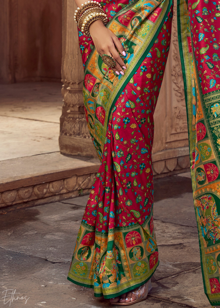 Ruby Red Floral Silk Saree