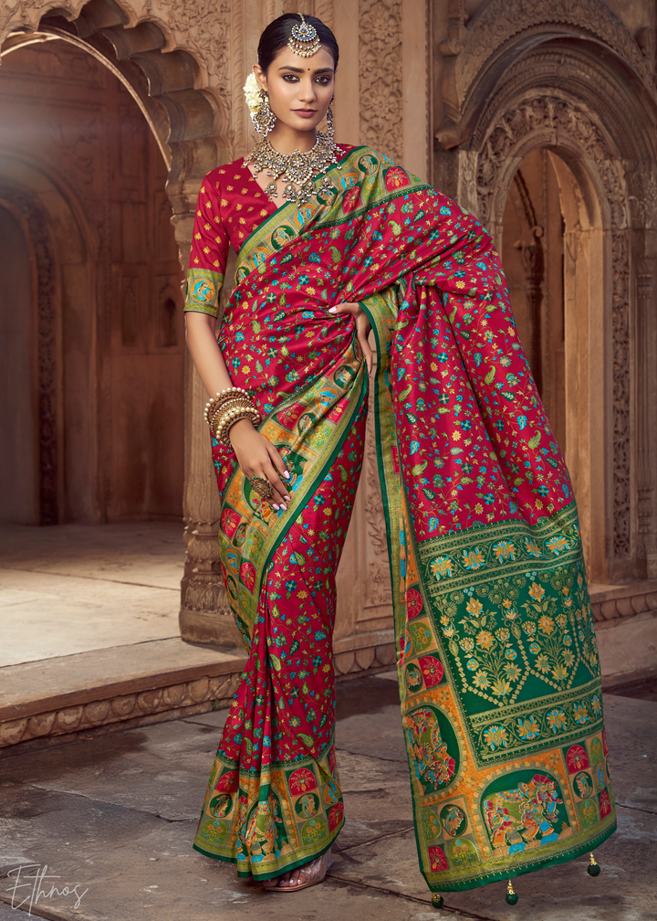 Ruby Red Floral Silk Saree