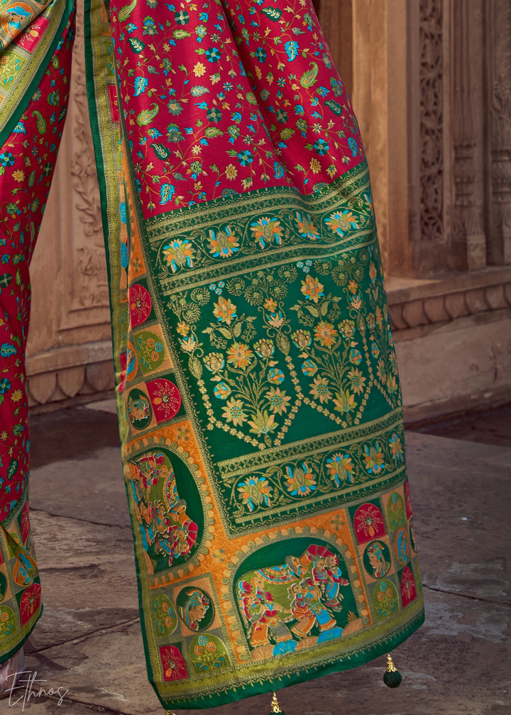 Ruby Red Floral Silk Saree