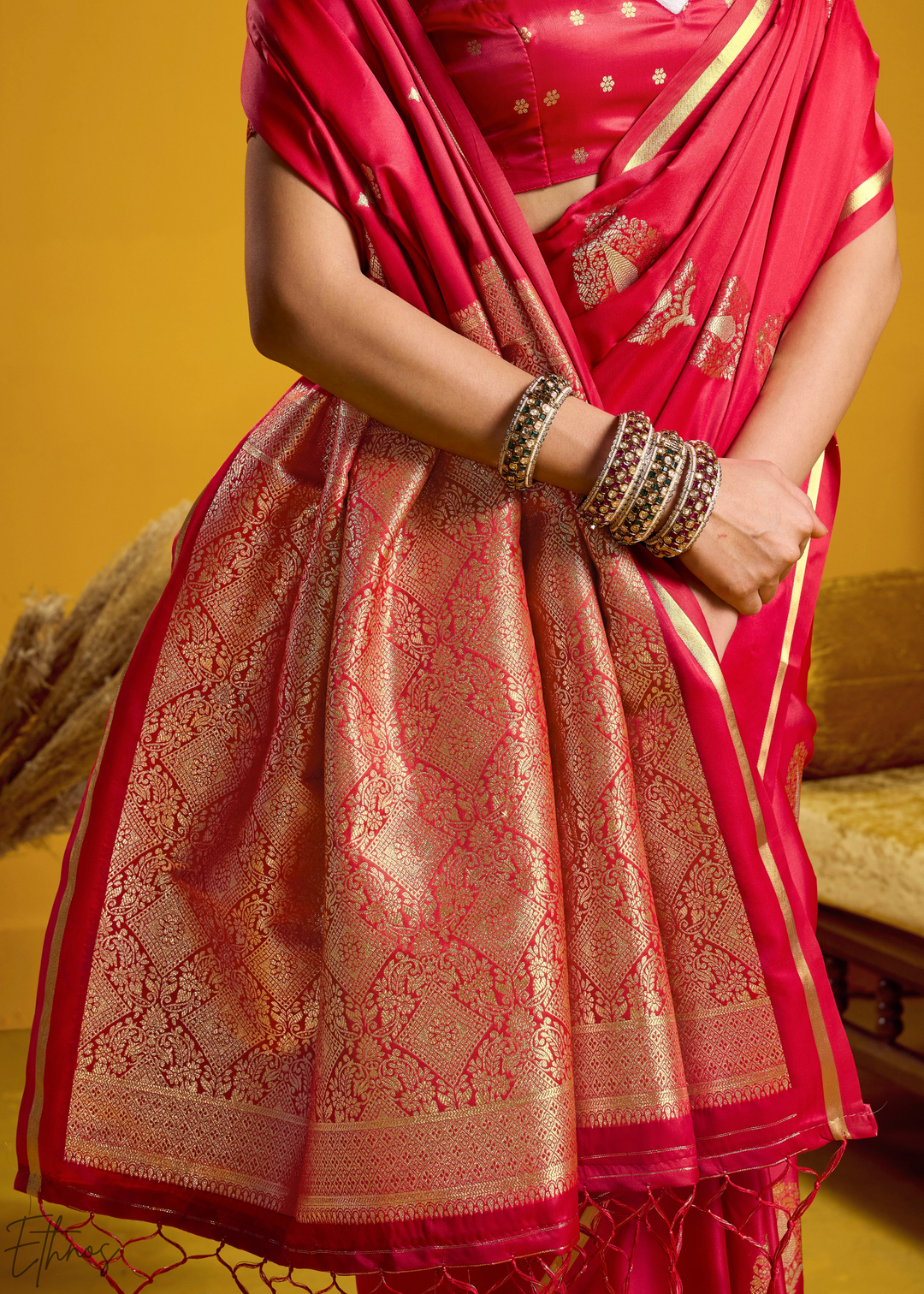 Ruby Red Gold-Infused Jacquard Satin Silk Saree