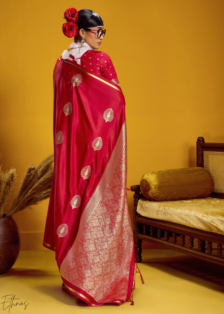 Ruby Red Gold-Infused Jacquard Satin Silk Saree