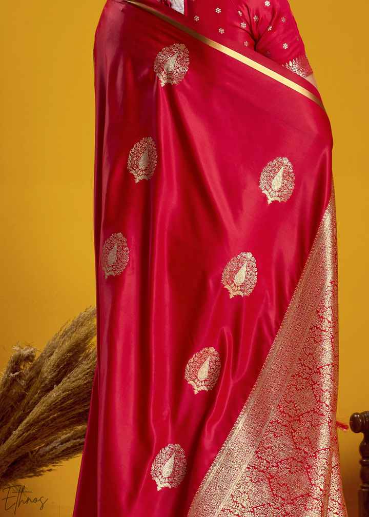Ruby Red Gold-Infused Jacquard Satin Silk Saree