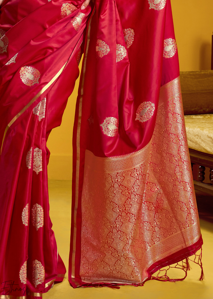 Ruby Red Gold-Infused Jacquard Satin Silk Saree