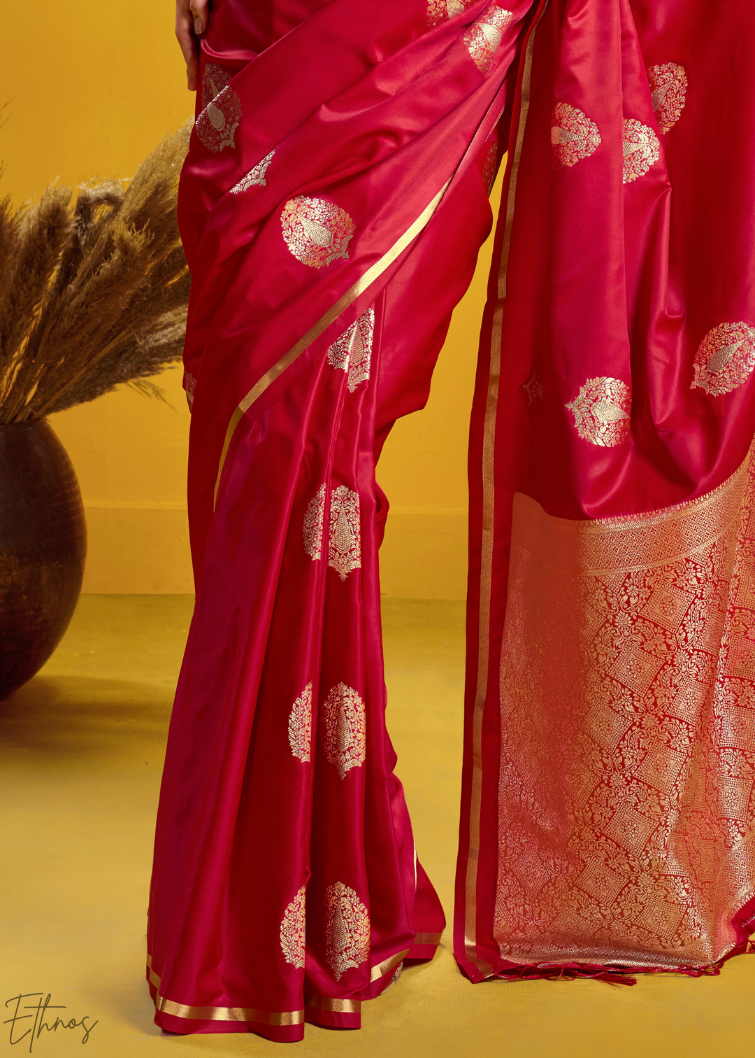 Ruby Red Gold-Infused Jacquard Satin Silk Saree