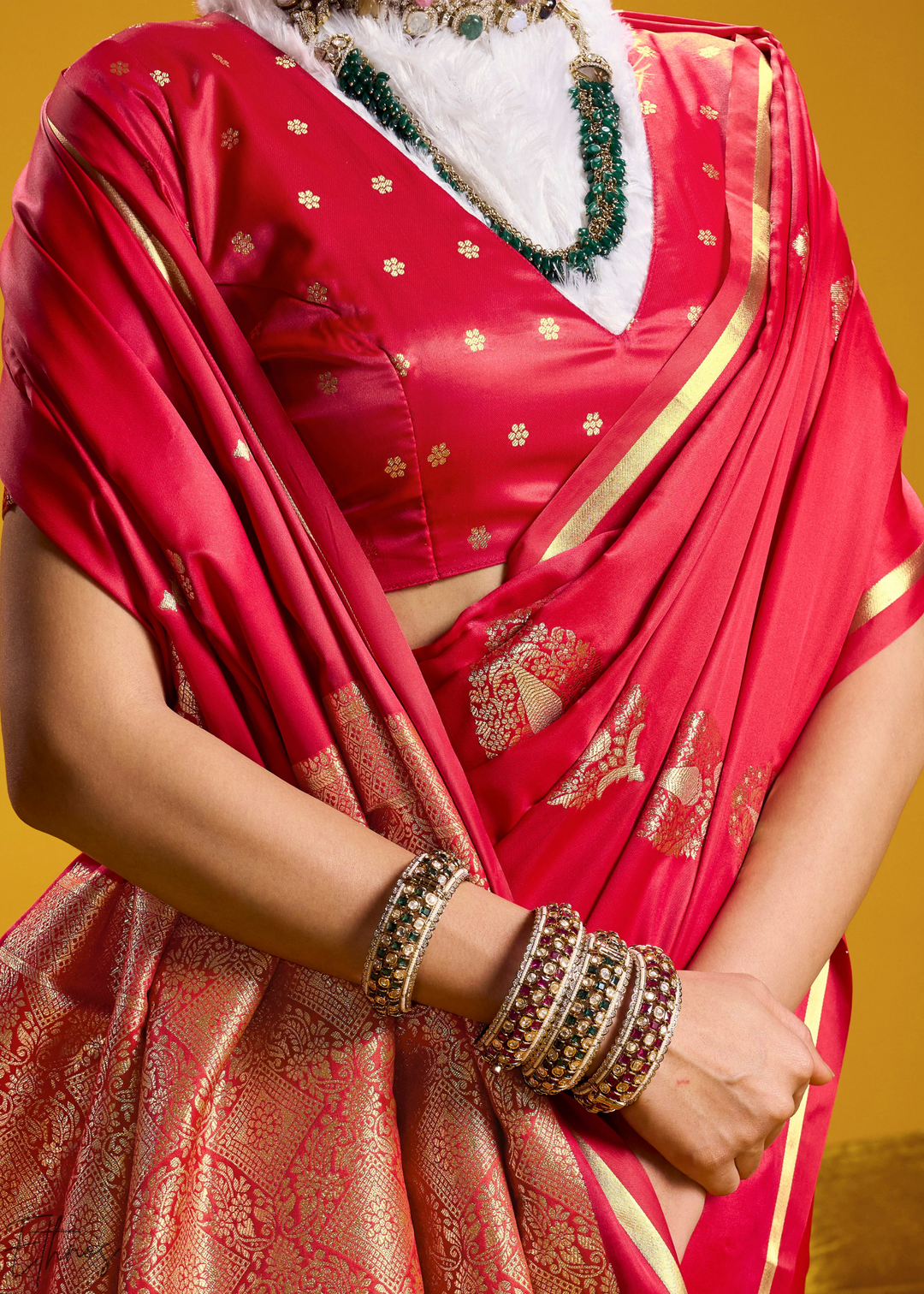 Ruby Red Gold-Infused Jacquard Satin Silk Saree