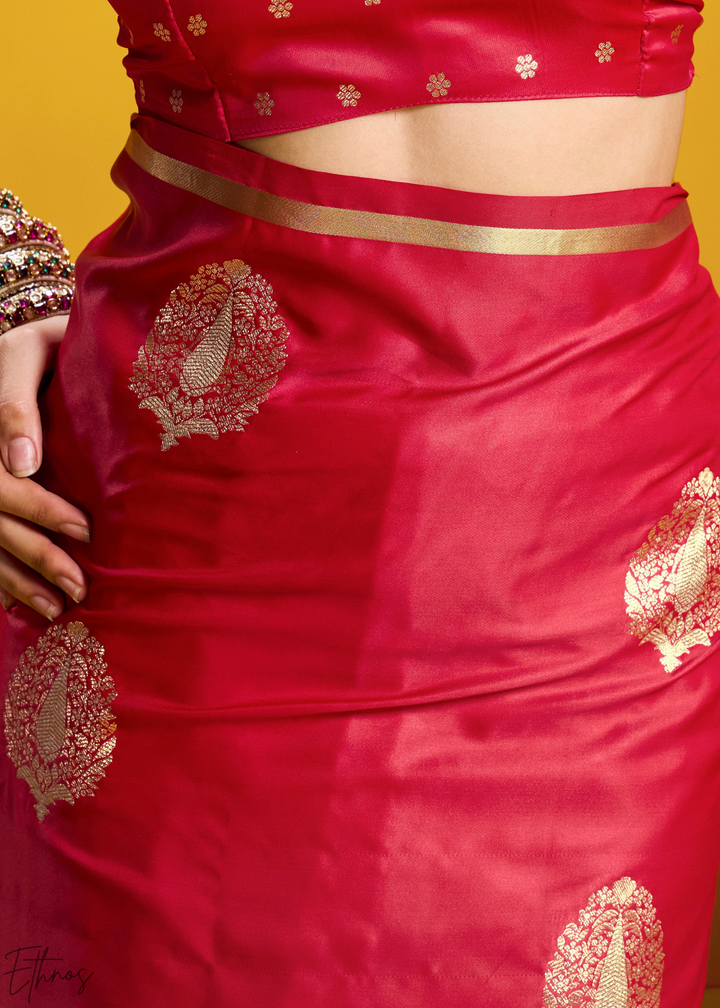 Ruby Red Gold-Infused Jacquard Satin Silk Saree