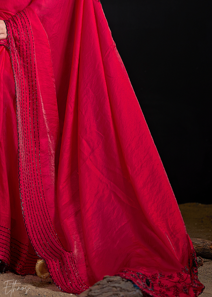 Ruby Red Linear-Flora Silk Saree