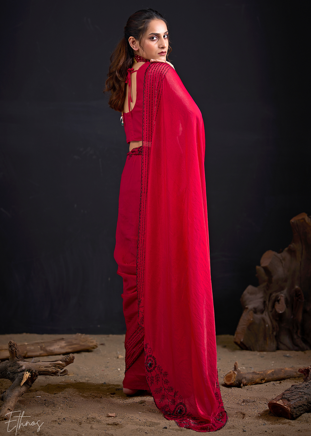 Ruby Red Linear-Flora Silk Saree