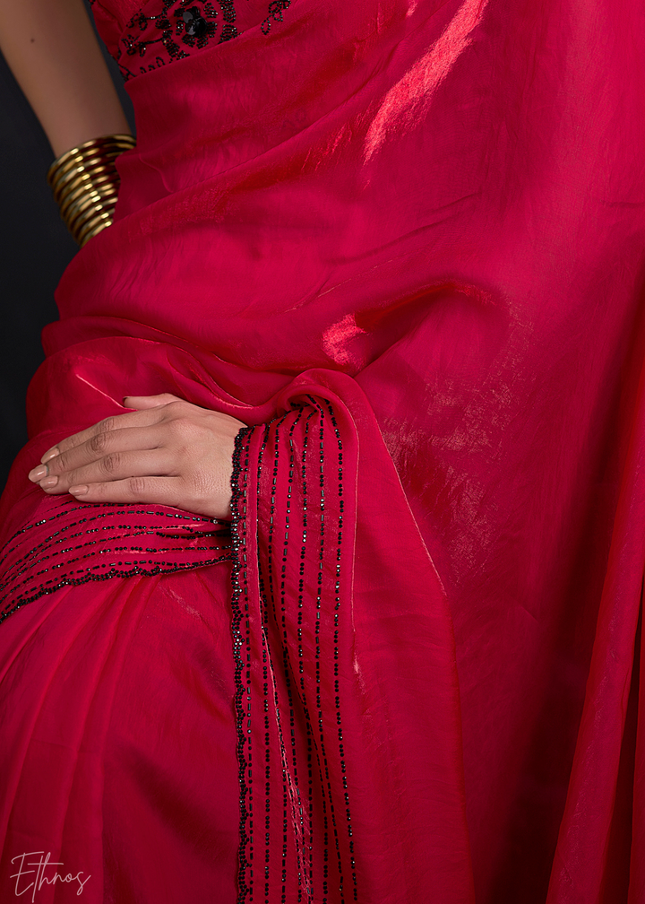 Ruby Red Linear-Flora Silk Saree