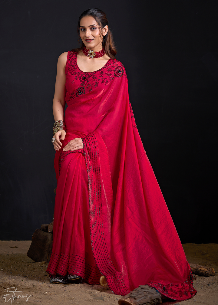 Ruby Red Linear-Flora Silk Saree