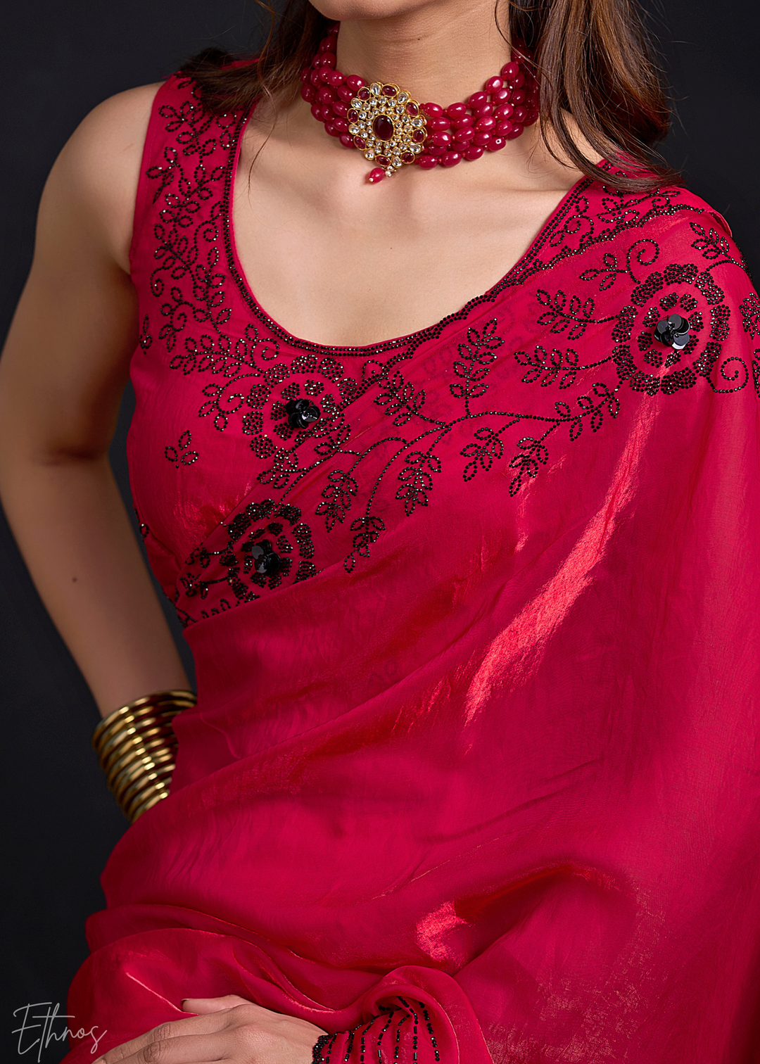 Ruby Red Linear-Flora Silk Saree
