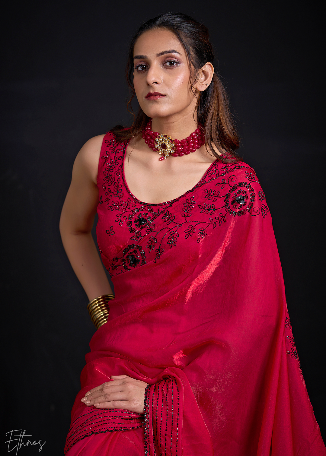 Ruby Red Linear-Flora Silk Saree
