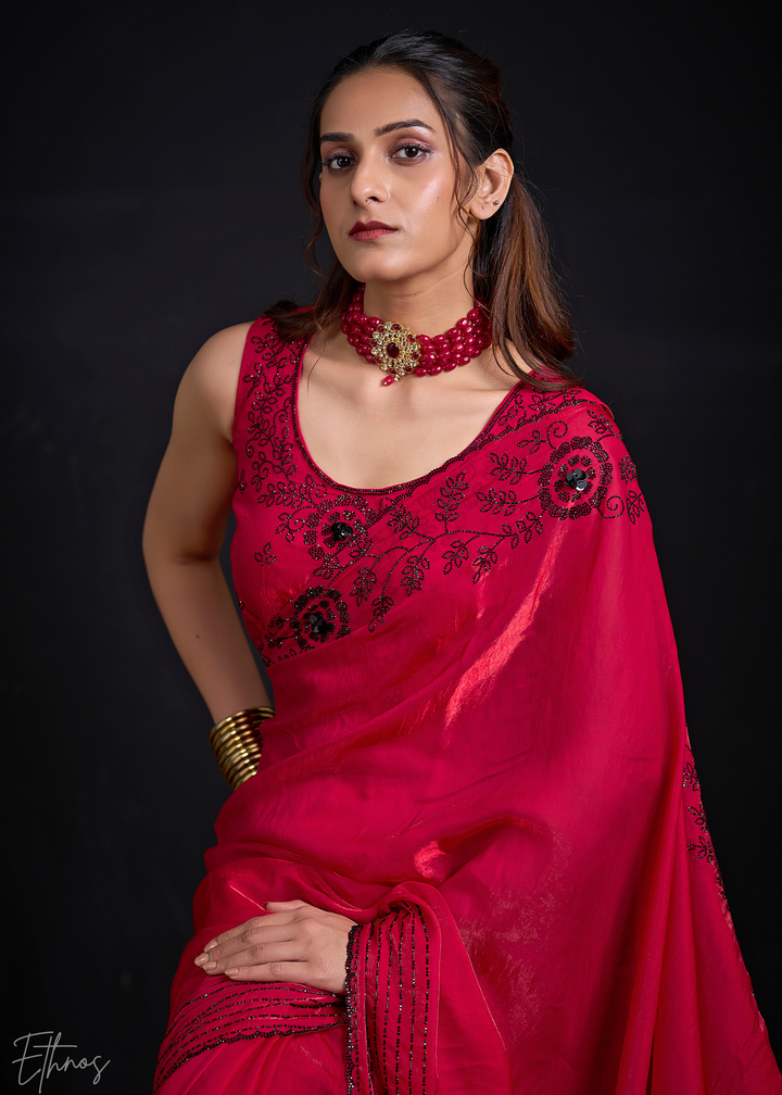 Ruby Red Linear-Flora Silk Saree
