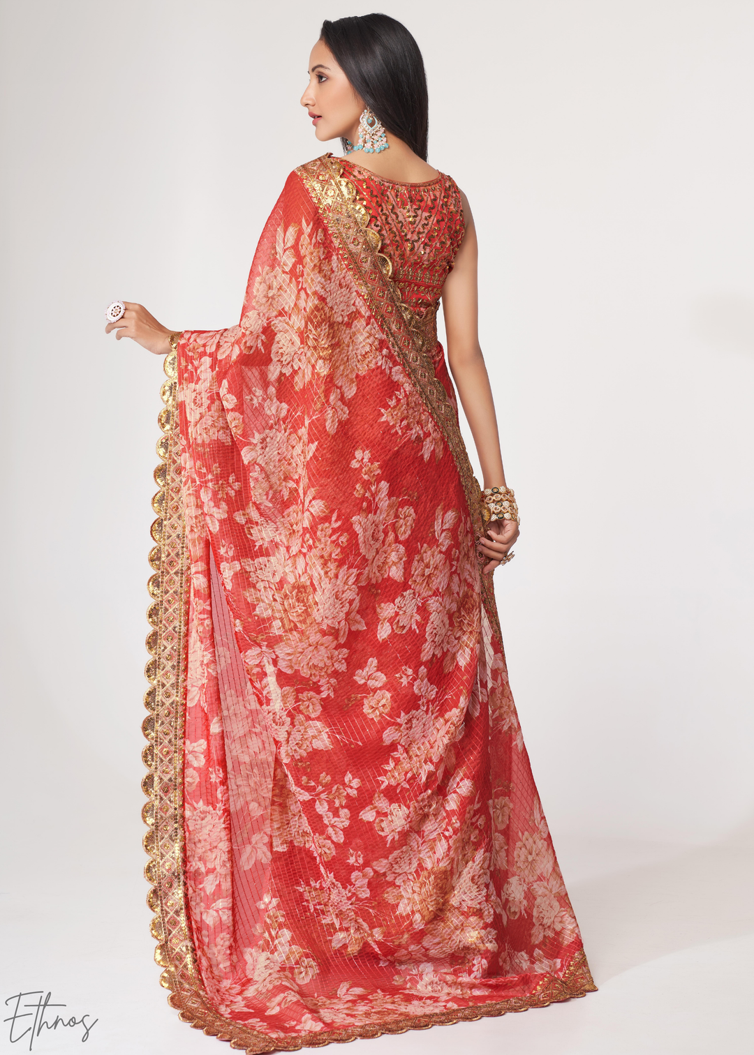 Ruby Red Rose Floral Print Organza Saree