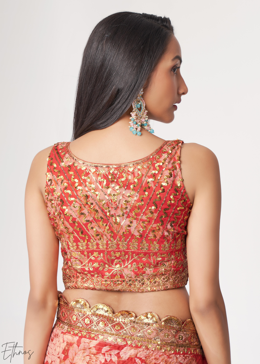 Ruby Red Rose Floral Print Organza Saree