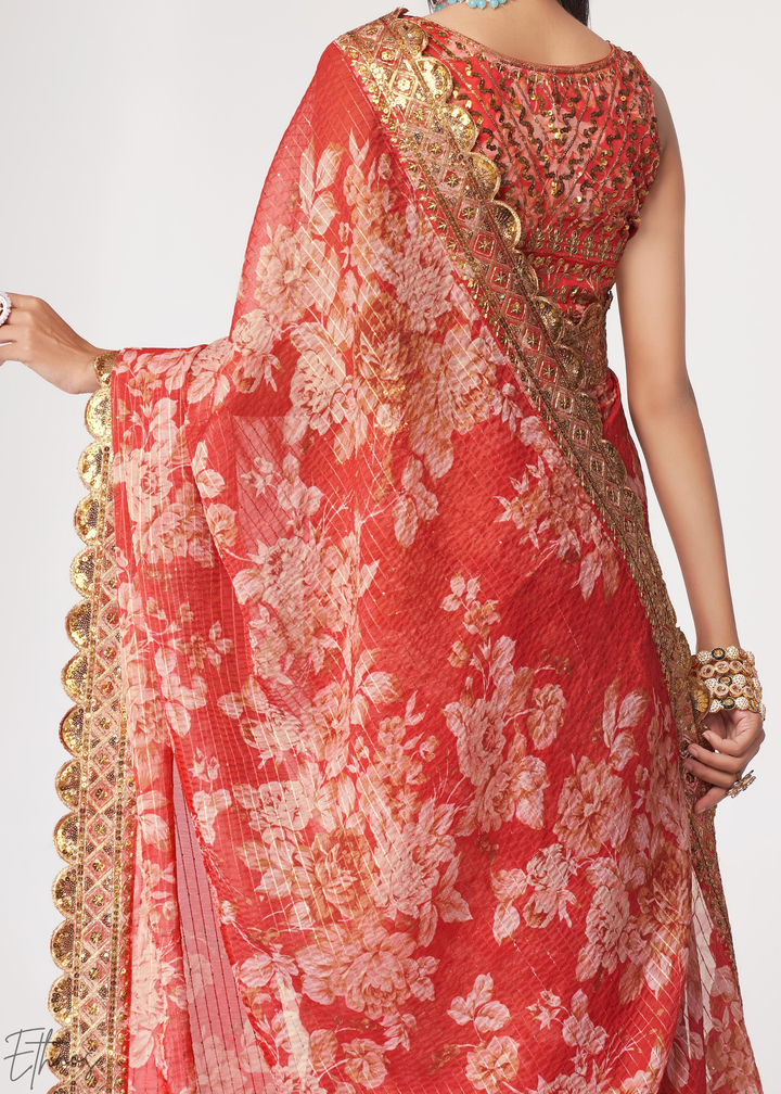 Ruby Red Rose Floral Print Organza Saree