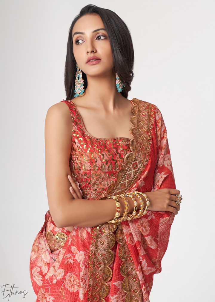 Ruby Red Rose Floral Print Organza Saree