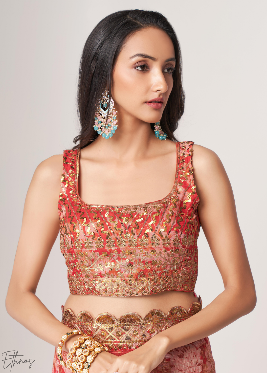 Ruby Red Rose Floral Print Organza Saree