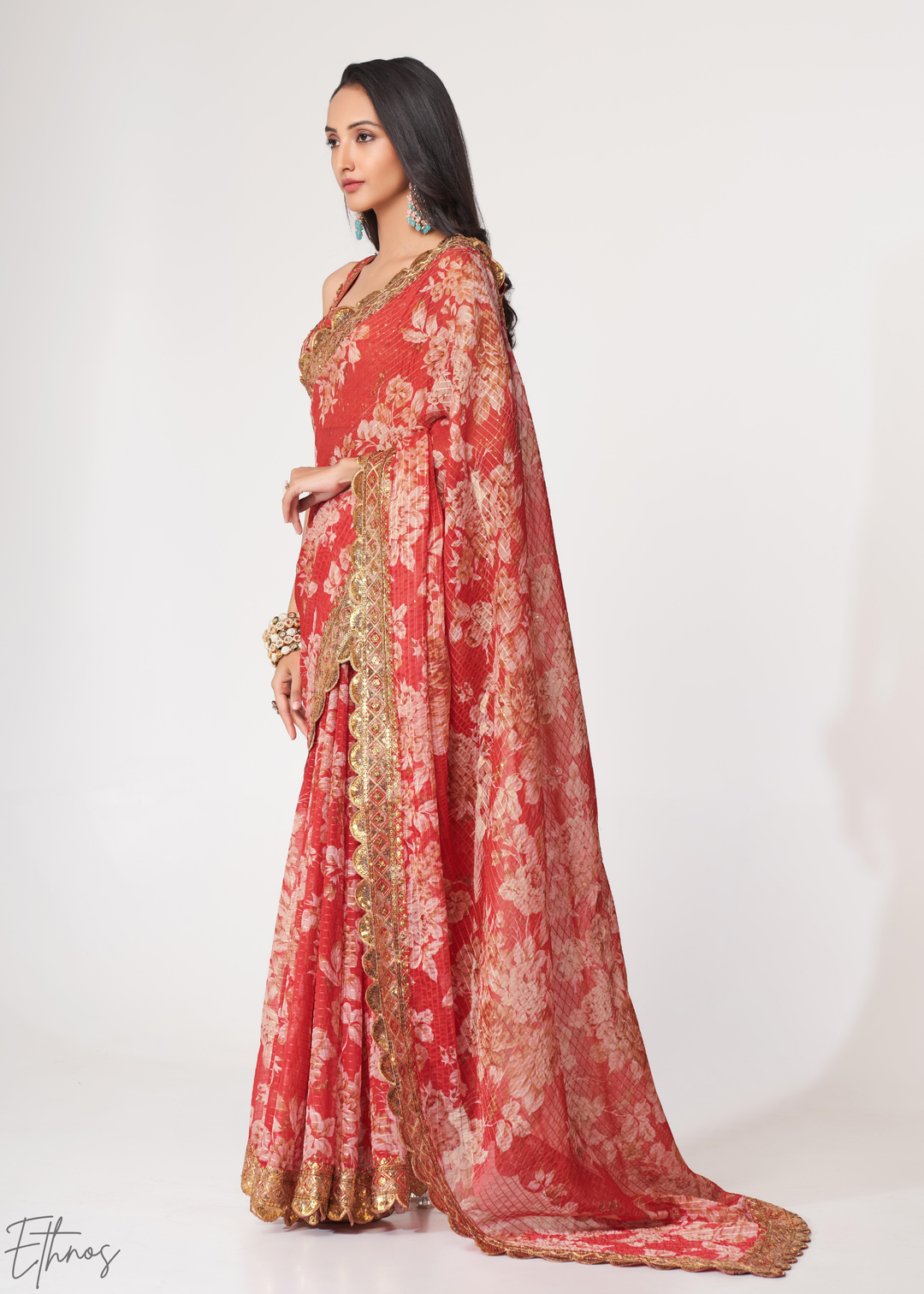 Ruby Red Rose Floral Print Organza Saree