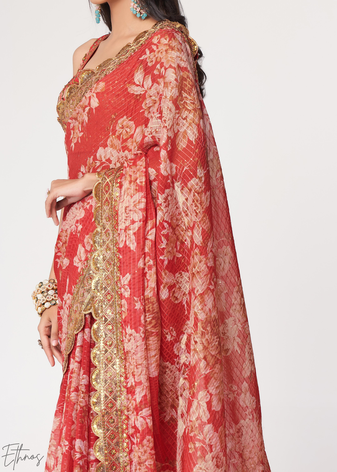 Ruby Red Rose Floral Print Organza Saree