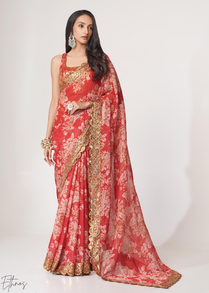 Ruby Red Rose Floral Print Organza Saree
