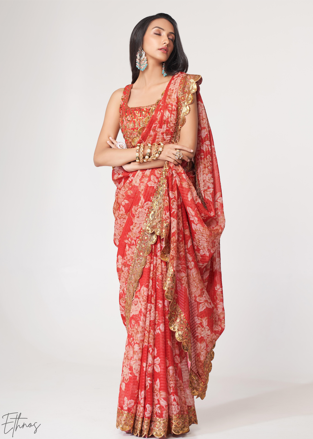Ruby Red Rose Floral Print Organza Saree