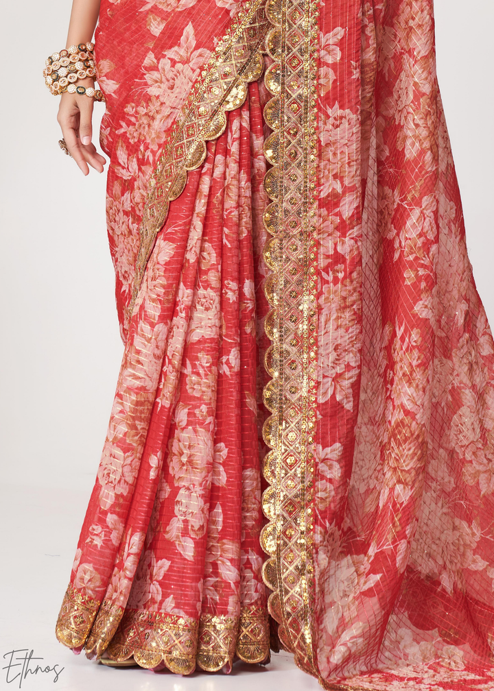 Ruby Red Rose Floral Print Organza Saree