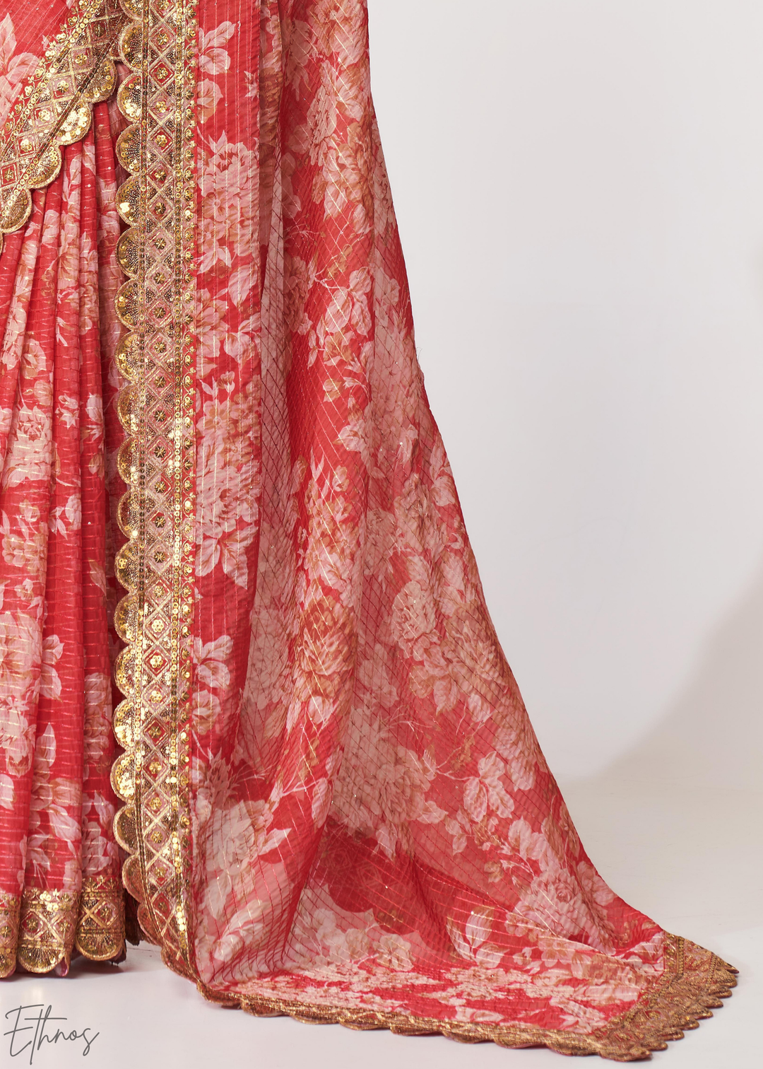 Ruby Red Rose Floral Print Organza Saree