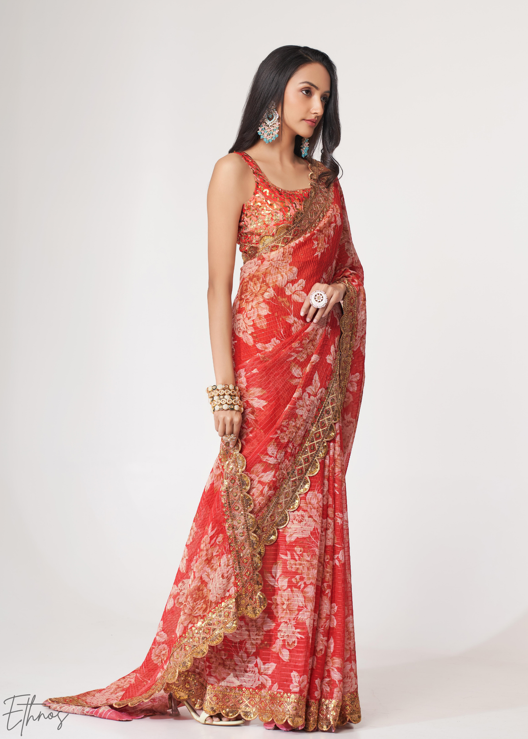 Ruby Red Rose Floral Print Organza Saree