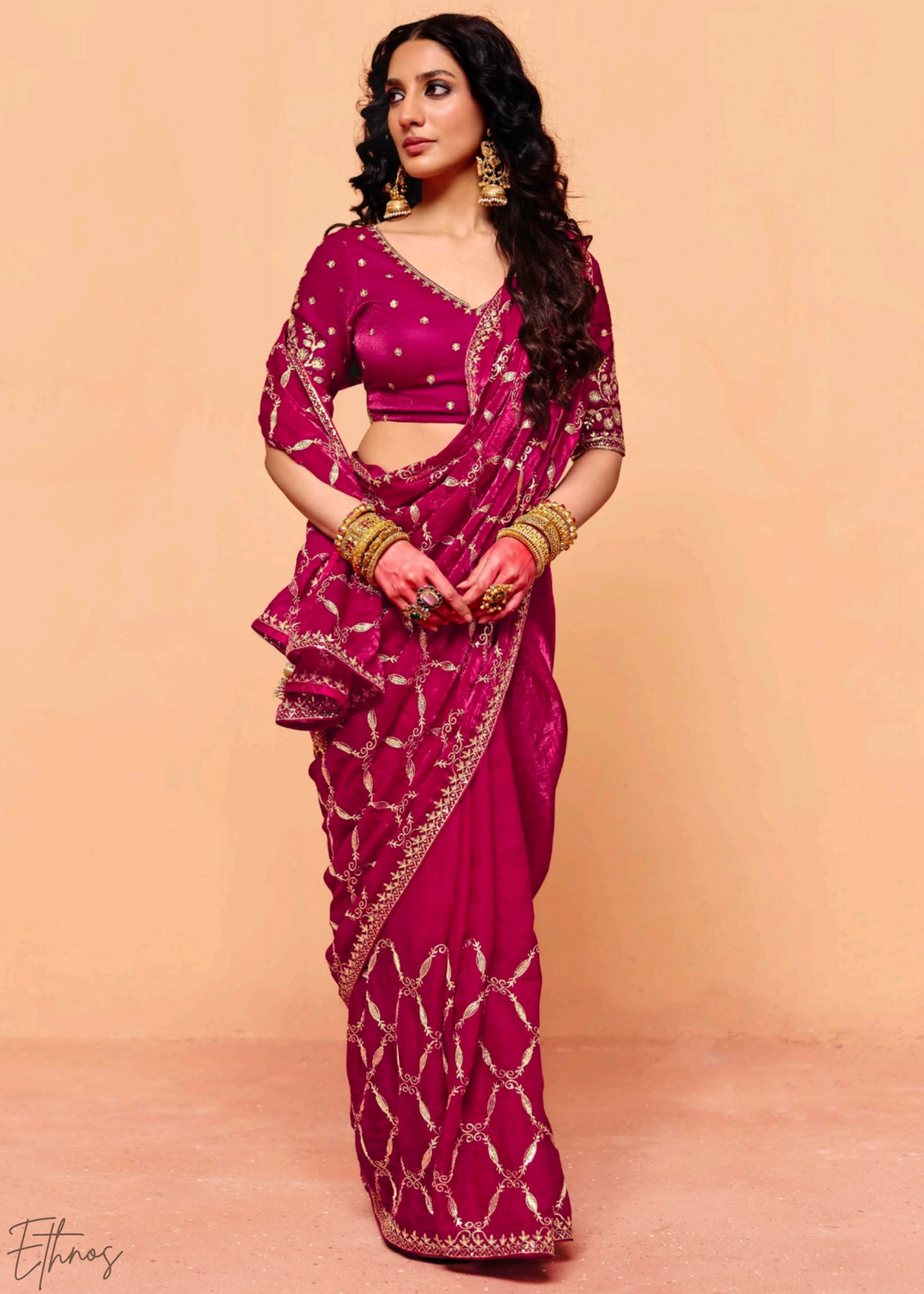 Ruby Rose-Vine Tissue Silk Saree