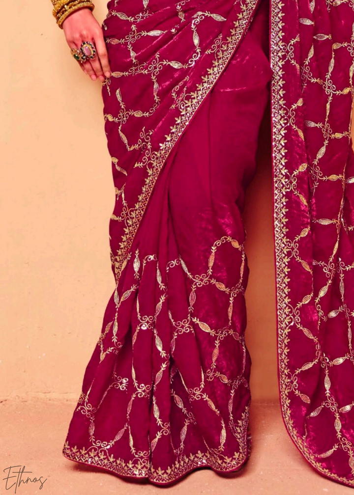 Ruby Rose-Vine Tissue Silk Saree
