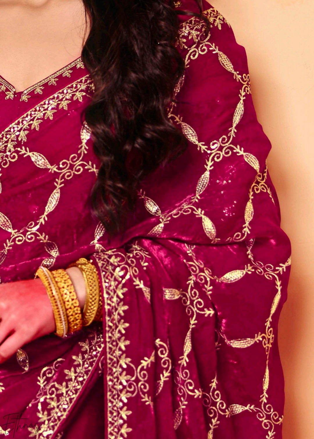 Ruby Rose-Vine Tissue Silk Saree