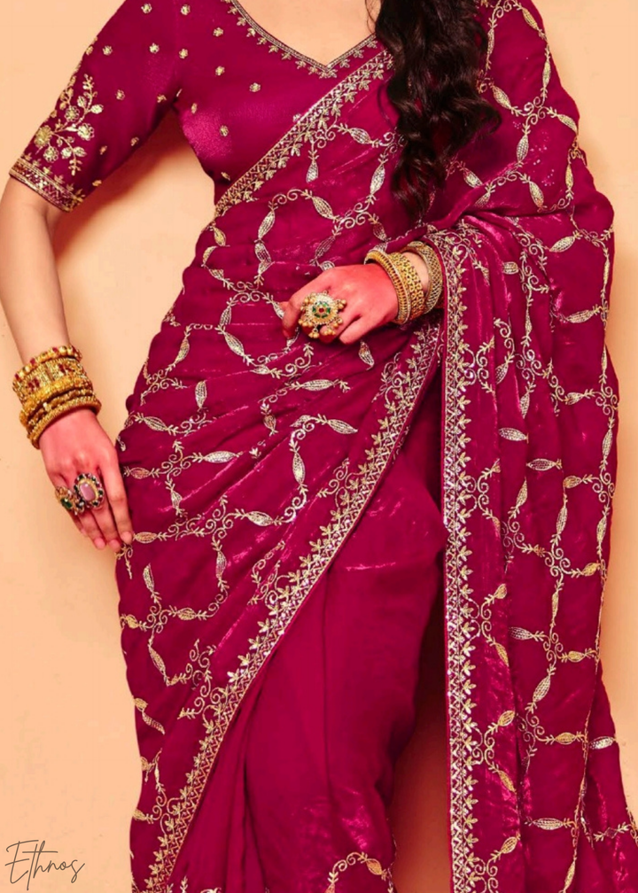 Ruby Rose-Vine Tissue Silk Saree