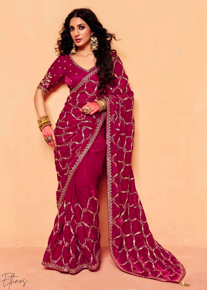 Ruby Rose-Vine Tissue Silk Saree