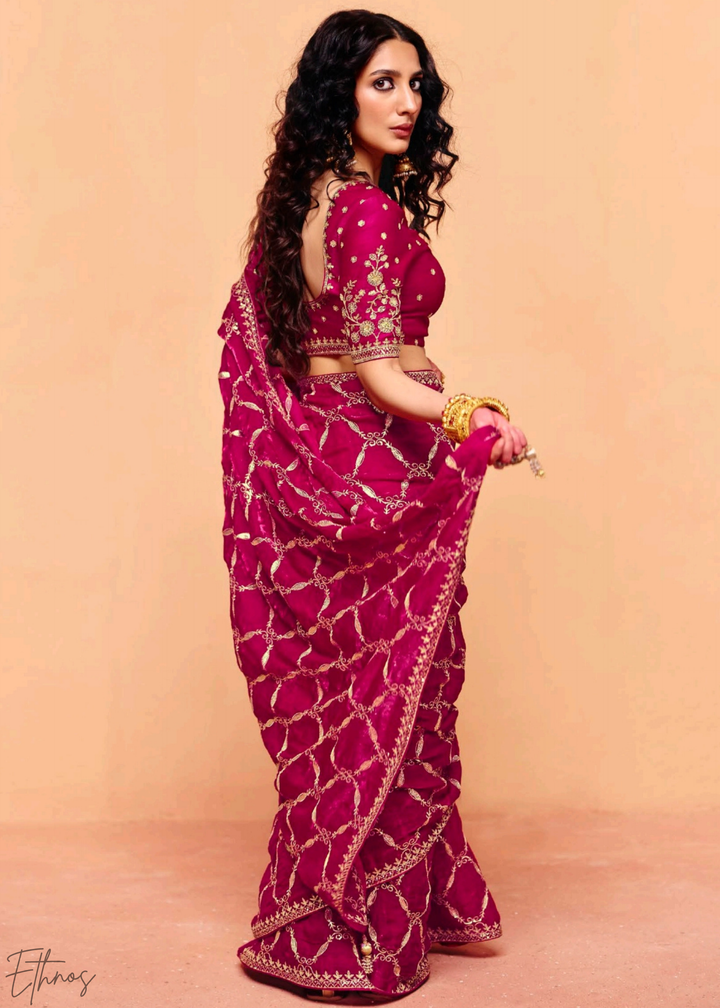 Ruby Rose-Vine Tissue Silk Saree