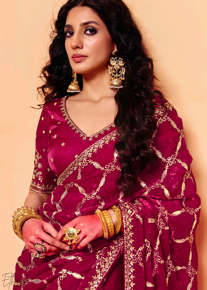Ruby Rose-Vine Tissue Silk Saree