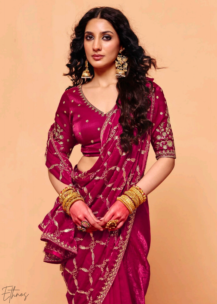 Ruby Rose-Vine Tissue Silk Saree