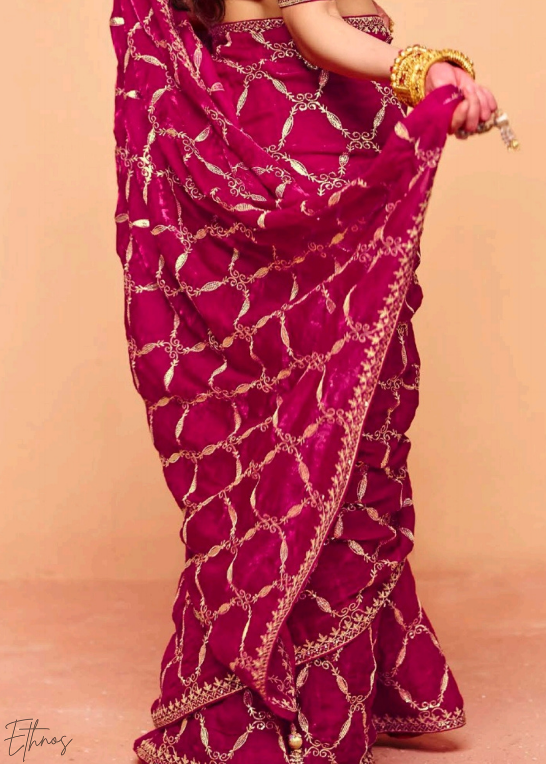 Ruby Rose-Vine Tissue Silk Saree