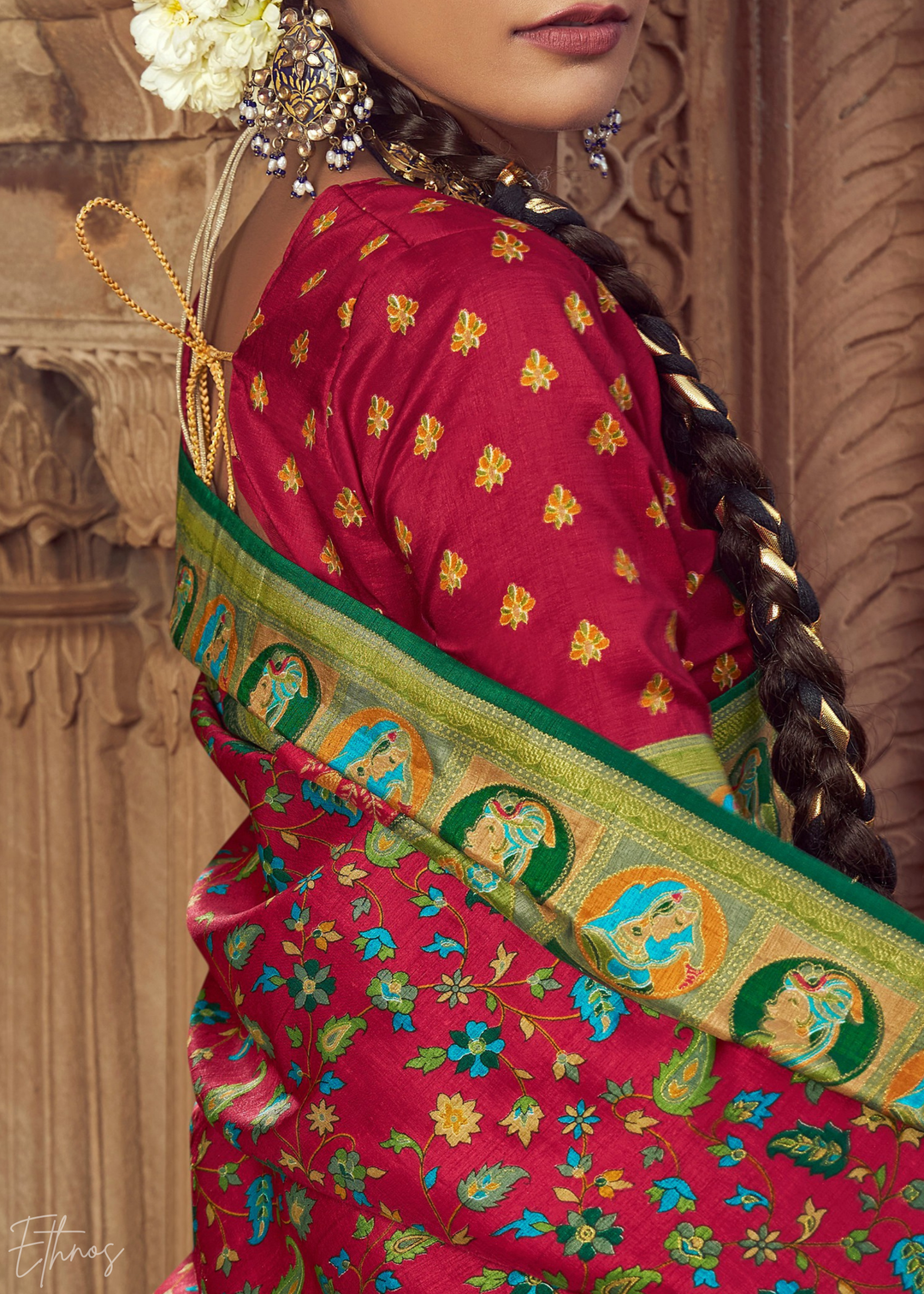 Ruby Red Floral Silk Saree