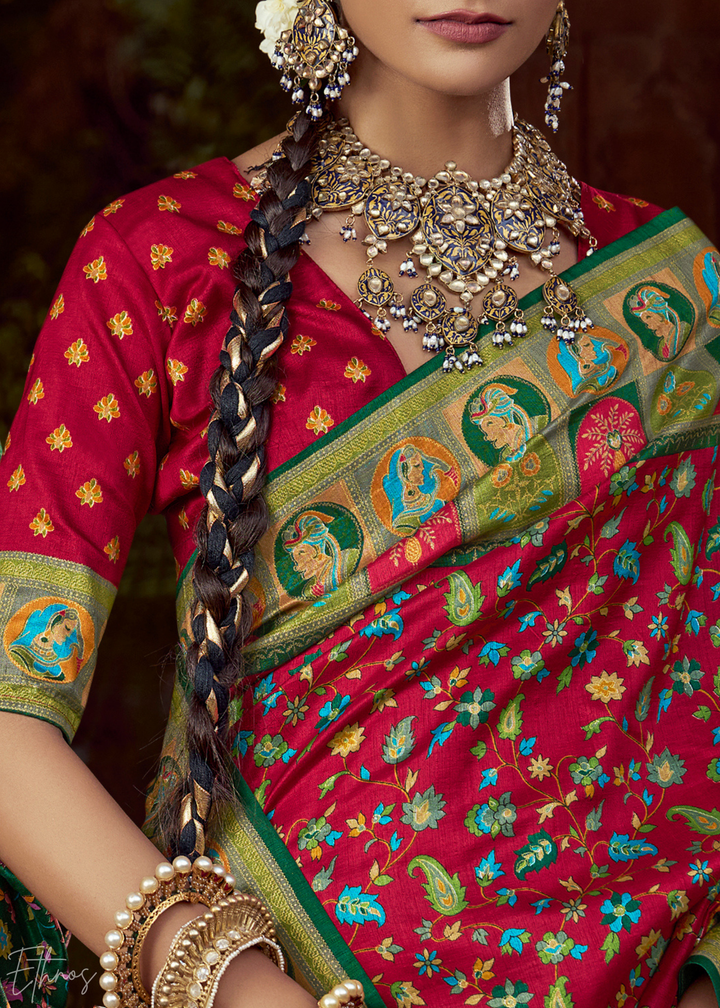 Ruby Red Floral Silk Saree