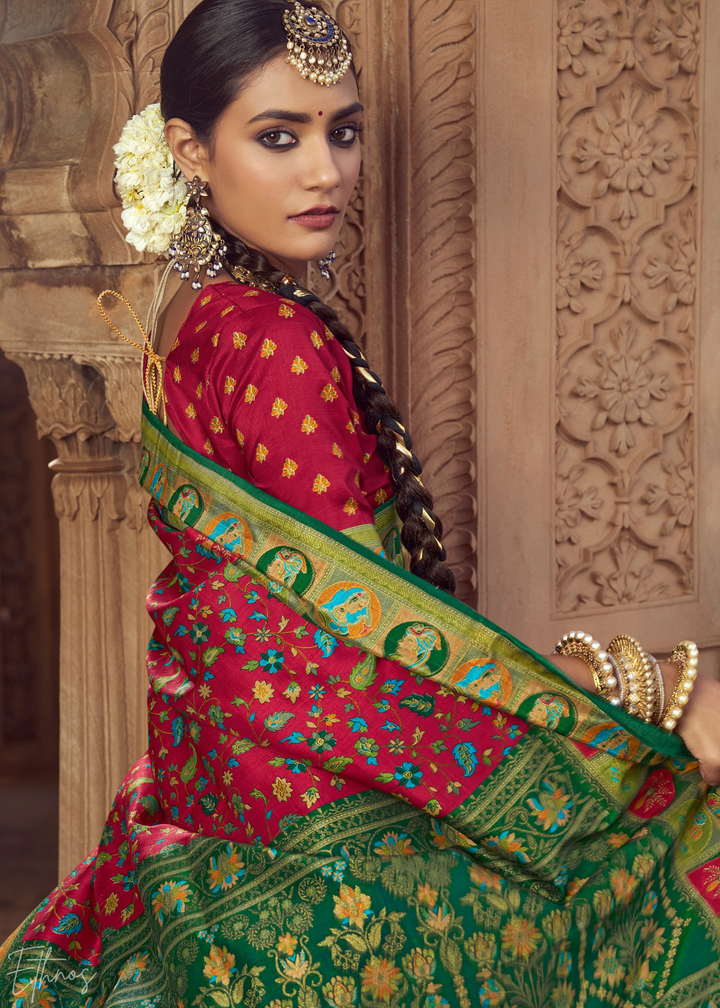 Ruby Red Floral Silk Saree