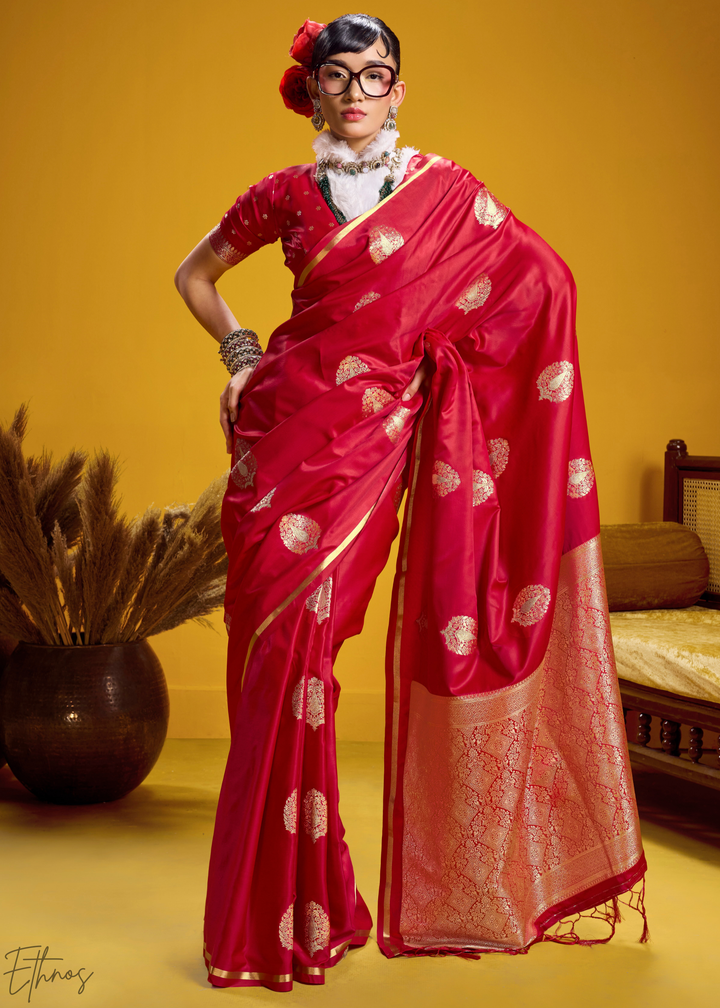 Ruby Red Gold-Infused Jacquard Satin Silk Saree