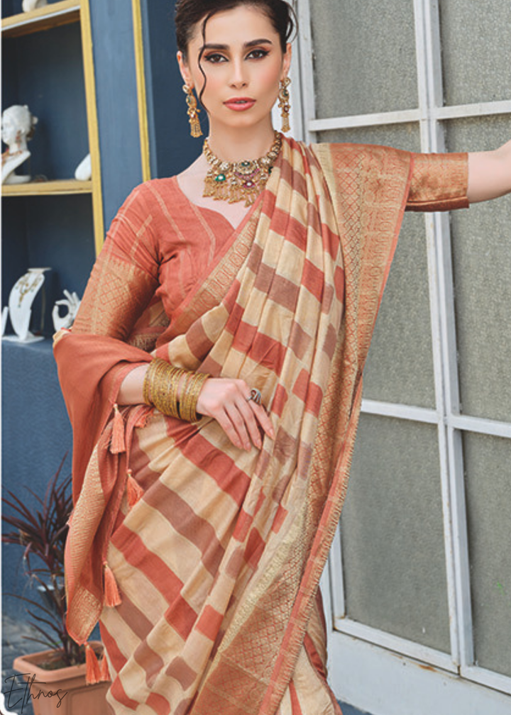 Rust-Embers Linear Geometric Poly-Viscose Silk Saree
